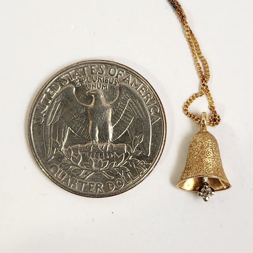 [SOLD] 1980's 14k Textured Gold Moveable Bell w/ Real Diamond Pendant Necklace - Picture 7 of 15